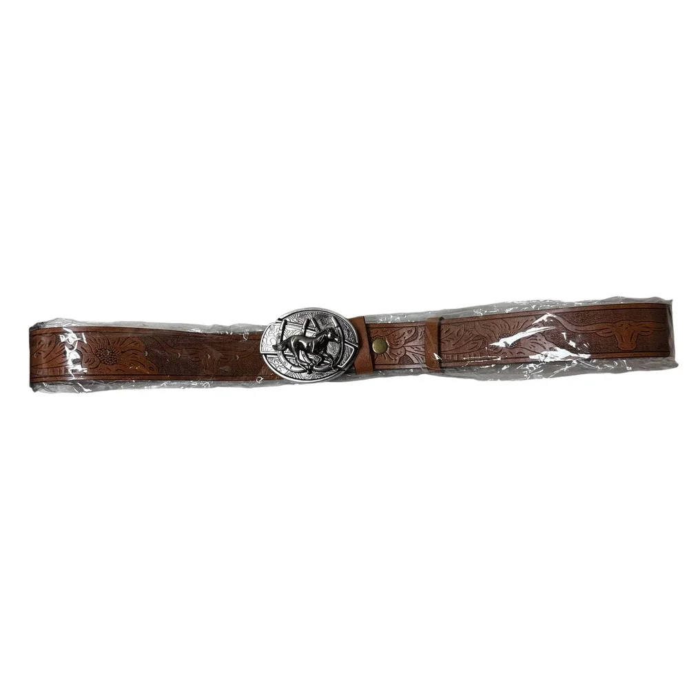 New Brown Faux Leather Western Horse Buckle Floral Embossed Belt 46 Inch